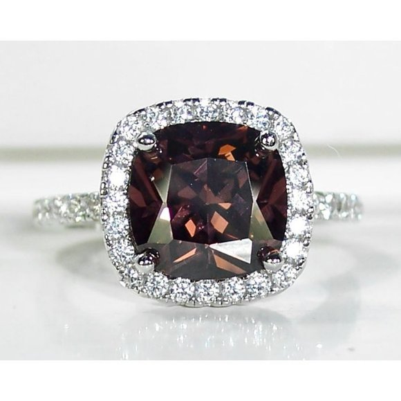925 STERLING SILVER Cushion Cut Chocolate CZ Halo Ring - Picture 3 of 15